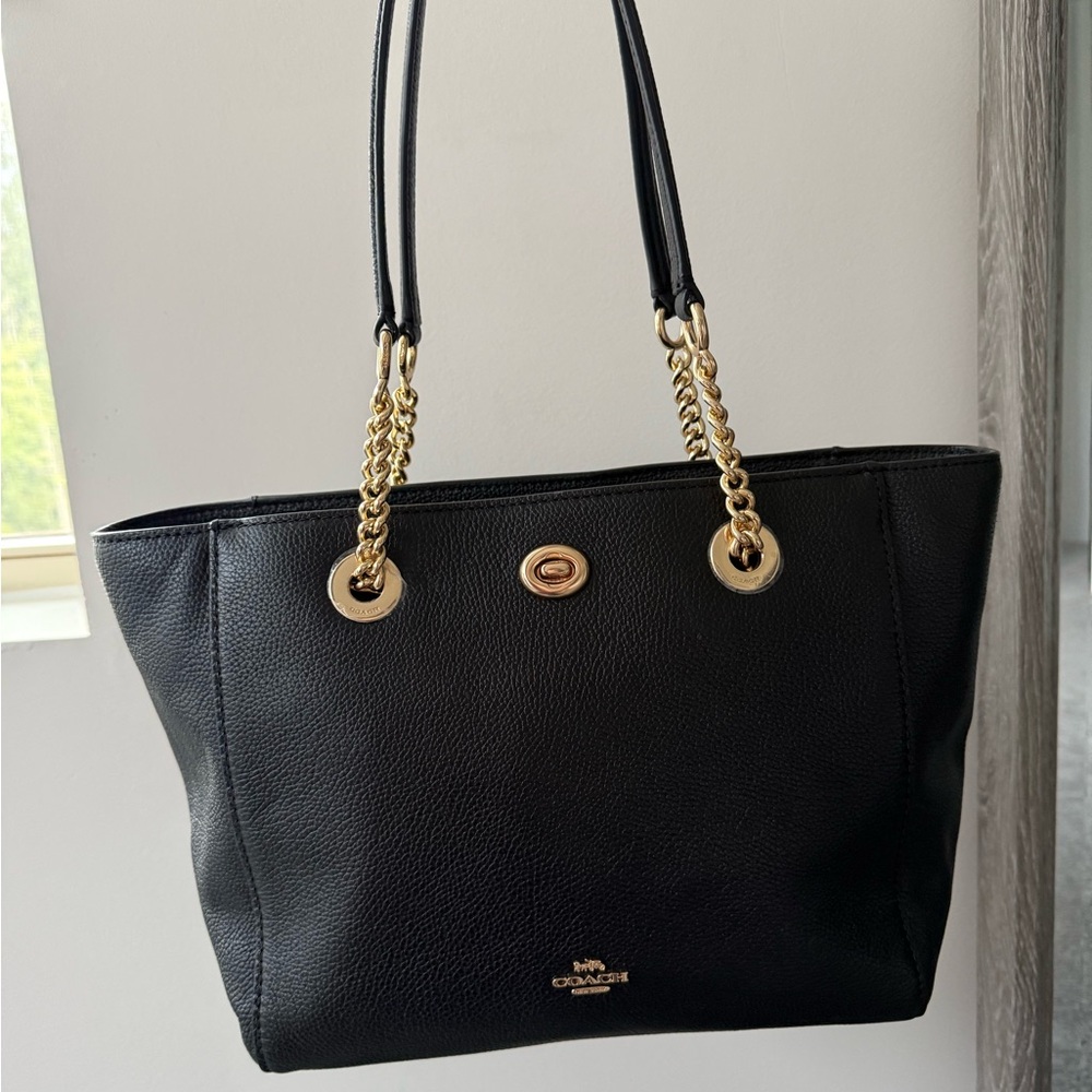 Coach Black Leather Turnlock Chain Tote